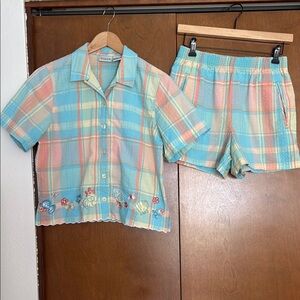 Colorful Plaid Button-Up Shirt and Shorts Set